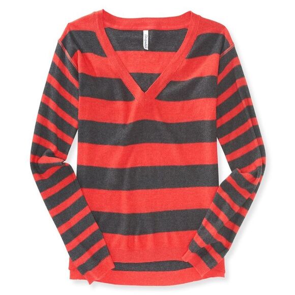 Aeropostale Womens Striped V Neck Knit Sweater, Red, NWT - Picture 1 of 1